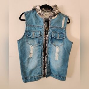 Sudhir Distressed Denim Biker's Vest with Camouflage Hood
